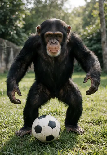 フリーAI画像, CC0 AI画像, 写真（AI画像）, 動物（AI画像）, 哺乳類, 猿（サル）, チンパンジー, サッカー, サッカーボール