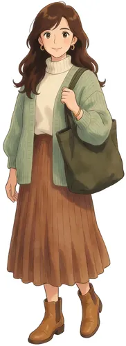 フリーAI画像, CC0 AI画像, イラスト（AI画像）, 人物（AI画像）, 女性（AI画像）, 全員（AI画像）, 鞄（バッグ）, カーディガン姿, スカート姿