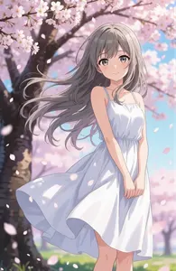 AI画像 満開の桜と白のワンピースを着た少女
