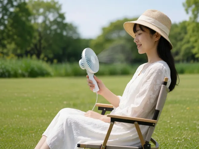 フリーAI画像, CC0 AI画像, 写真（AI画像）, 人物（AI画像）, 女性（AI画像）, アジア人女性, 若い女性, ポートレイト, 椅子に座る, ハンディファン, 帽子姿, 横顔, 夏（AI画像）