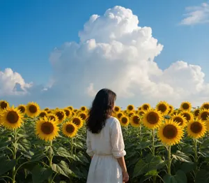 AI画像 ひまわり畑に立つ女性の後ろ姿