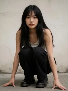 AI画像 地面に指をついてしゃがんでいるアジア人女性