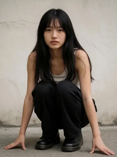 フリーAI画像, CC0 AI画像, 写真（AI画像）, 人物（AI画像）, 女性（AI画像）, アジア人女性, 若い女性, ポートレイト, しゃがむ