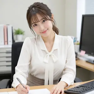 AI画像 オフィスで首を傾ける女性会社員