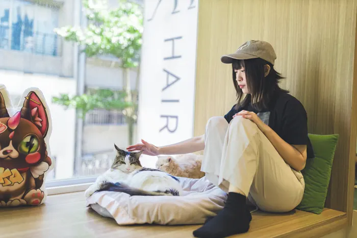 フリー写真, 人物（写真）, 女性（写真）, アジア人女性, 若い女性, ポートレイト, シリーズ（1546）, 台湾人, 人と動物, 猫（ネコ）, 帽子姿, 野球帽（キャップ）, 床に座る