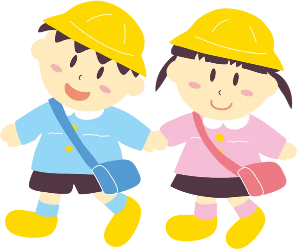 フリーイラスト, CC0 イラスト, ベクター, AI, 人物（イラスト）, カップル（イラスト）, 子供（イラスト）, 男の子, 女の子, 園児, 手をつなぐ, 二人, 通学帽（通園帽）