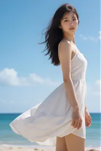 AI画像 白のキャミワンピを着て海の前に立つアジア人女性