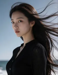 AI画像 黒髪が風になびくアジア人女性