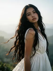 AI画像 白色のワンピースを着て山の上に立つ外国人女性