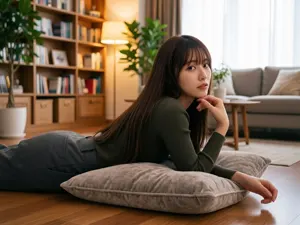 AI画像 クッションの上に肘をついて床の上に寝転がっているアジア人女性