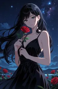 AI画像 天の川の下でバラの花を持つ女性