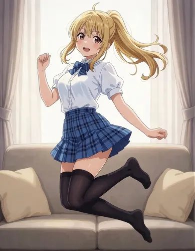 フリーAI画像, CC0 AI画像, イラスト（AI画像）, 人物（AI画像）, 少女（AI画像）, 学生服, スクールブラウス, 跳ぶ（ジャンプ）, 金髪（ブロンドヘア）