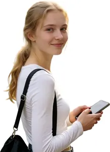 AI画像 スマホを持って振り返る若い外国人女性