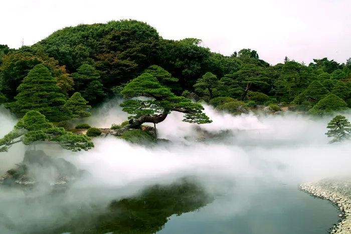 フリー写真, CC0 写真, 風景（写真）, 庭園, 日本庭園, 池, 霧（霞）, 日本, 島根県