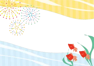 フリーイラスト 打ち上げ花火と金魚の飾り枠