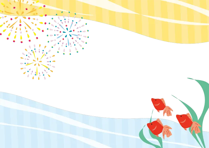 フリーイラスト, CC0 イラスト, ベクター, AI, 背景（イラスト）, 枠（フレーム）, フレーム（横）, 夏（イラスト）, 魚（サカナ）, 金魚（キンギョ）, 花火, 打ち上げ花火