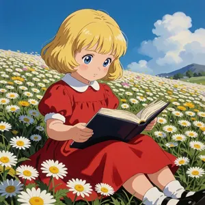 AI画像 花畑で本を読んでいる女の子