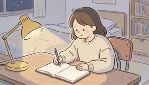AI画像 夜遅く勉強していている少女