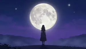 AI画像 満月と少女のシルエット