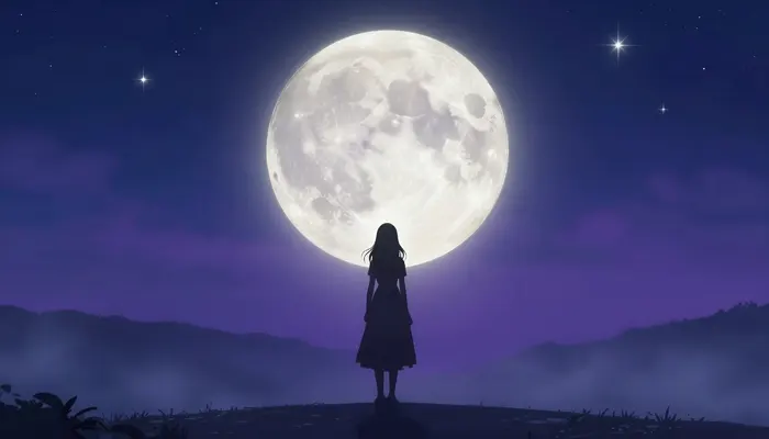 フリーAI画像, CC0 AI画像, イラスト（AI画像）, 風景（AI画像）, 人と風景, 少女（AI画像）, 人物（シルエット）, 眺める, 後ろ姿, 夜, 月, 満月