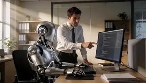 AI画像 AIロボットに仕事を支持するビジネスマン