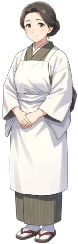 フリーAI画像, CC0 AI画像, イラスト（AI画像）, 人物（AI画像）, 女性（AI画像）, 中年女性, 和服姿, 着物, 割烹着, 全身（AI画像）