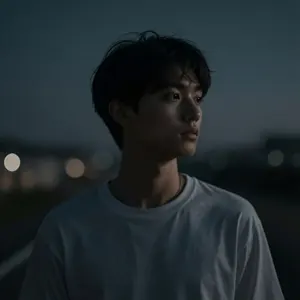 AI画像 夜の戸外に立つ若いアジア人男性