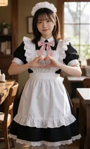 AI画像 手でハートを作るメイドカフェで働くアジア人女性