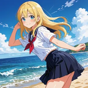 AI画像 砂浜で屈みながら振り返る女子学生