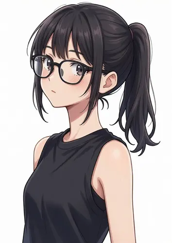 フリーAI画像, CC0 AI画像, イラスト（AI画像）, 人物（AI画像）, 少女（AI画像）, 眼鏡姿, ポニーテール, タンクトップ姿