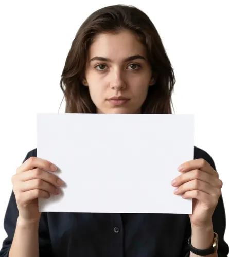 フリーAI画像, CC0 AI画像, 写真（AI画像）, 人物（AI画像）, 女性（AI画像）, 外国人女性, 若い女性, ポートレイト, メッセージーボード, 紙（ペーパー）, 白紙, 白背景