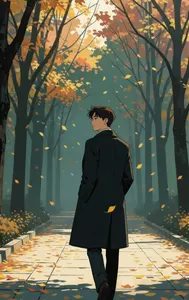 AI画像 秋の並木道を歩く男性の後ろ姿
