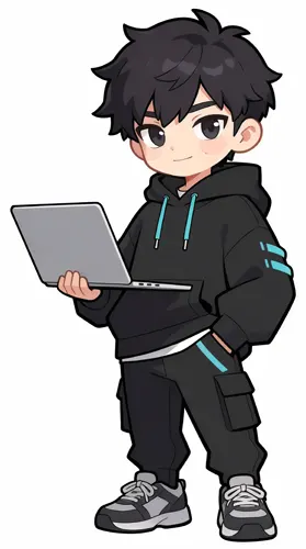 フリーAI画像, CC0 AI画像, イラスト（AI画像）, 人物（AI画像）, 子供（AI画像）, 男の子, 少年（AI画像）, パーカー姿, ポケットに手を家れる, 全身（AI画像）, パソコン, ノートパソコン