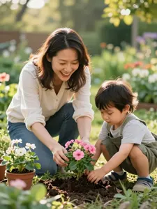 AI画像 庭の花壇に花を植える男の子と母親