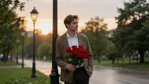 AI画像 バラの花束を持って彼女を待つ外国人男性