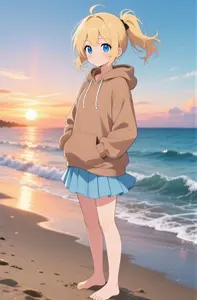 AI画像 朝日と砂浜に立つ少女