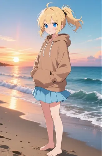 フリーAI画像, CC0 AI画像, イラスト（AI画像）, 人物（AI画像）, 少女（AI画像）, パーカー姿, ミニスカート姿, ポケットに手を入れる, ポニーテール, 朝, 朝日, 砂浜（ビーチ）, 海