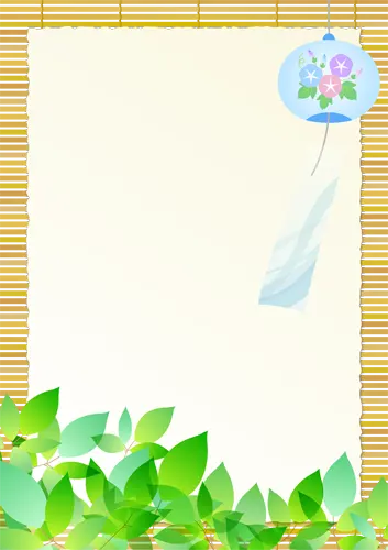 フリーイラスト, CC0 イラスト, ベクター, AI, 背景（イラスト）, 枠（フレーム）, フレーム（縦）, フレーム（囲み）, 夏（イラスト）, 新緑, 葉っぱ（イラスト）, 風鈴, 簾（すだれ）