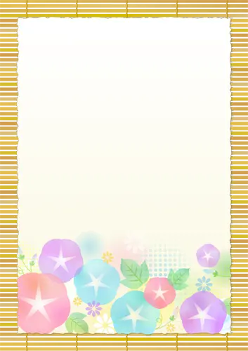 フリーイラスト, CC0 イラスト, ベクター, AI, 背景（イラスト）, 枠（フレーム）, フレーム（縦）, フレーム（囲み）, 夏（イラスト）, 花（イラスト）, 朝顔８アサガオ）, 簾（すだれ）