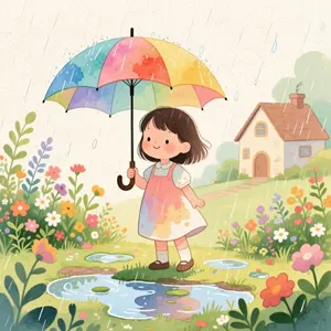AI画像 カラフルな傘を差して水溜まりの前に立つ女の子