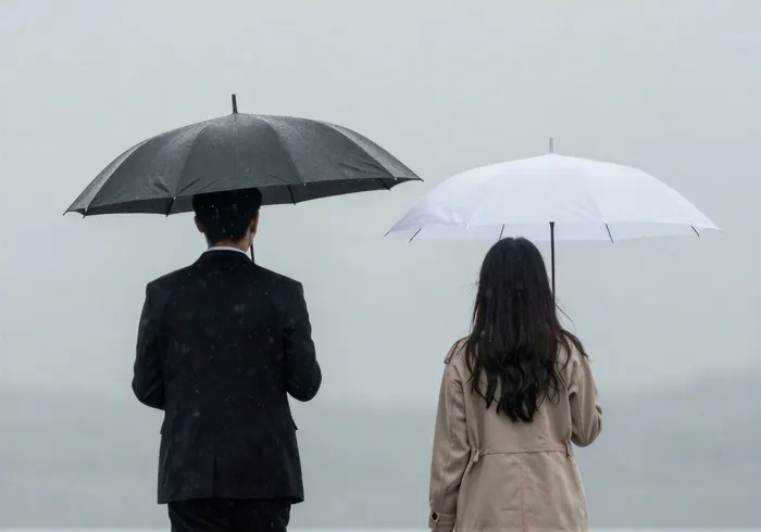 フリーAI画像, CC0 AI画像, 写真（AI画像）, 人物（AI画像）, カップル（AI画像）, 後ろ姿, 雨, 雨傘, 二人
