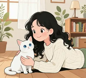 AI画像 白猫と飼い主の女性