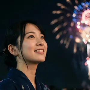 AI画像 打ち上げ花火を見ている日本人女性