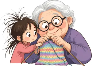 AI画像 編み物をしているおばあさんと孫娘