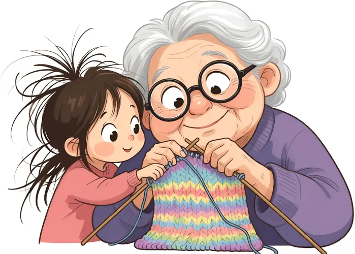 フリーAI画像, CC0 AI画像, イラスト（AI画像）, 人物（AI画像）, 家族（AI画像）, おばあさん, 孫, 編み物