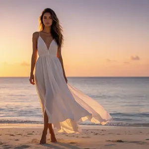 AI画像 白色のドレスを着て夕暮れのビーチに立つ外国人女性