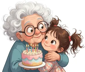 AI画像 孫娘の誕生日を祝うおばあさん