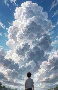 AI画像 積乱雲を見る男の子の後ろ姿