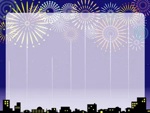 フリーイラスト 街並みと打ち上げ花火のフレーム