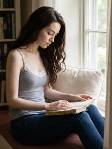 AI画像 出窓に座って本を読む外国人女性